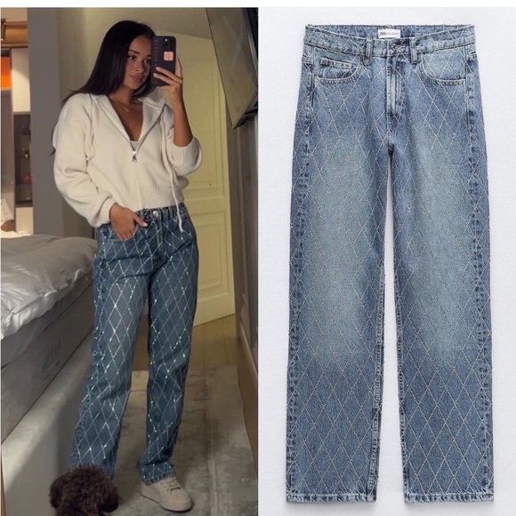 Zara TRF MID RISE RHINESTONE JEANS - Picture 3 of 9